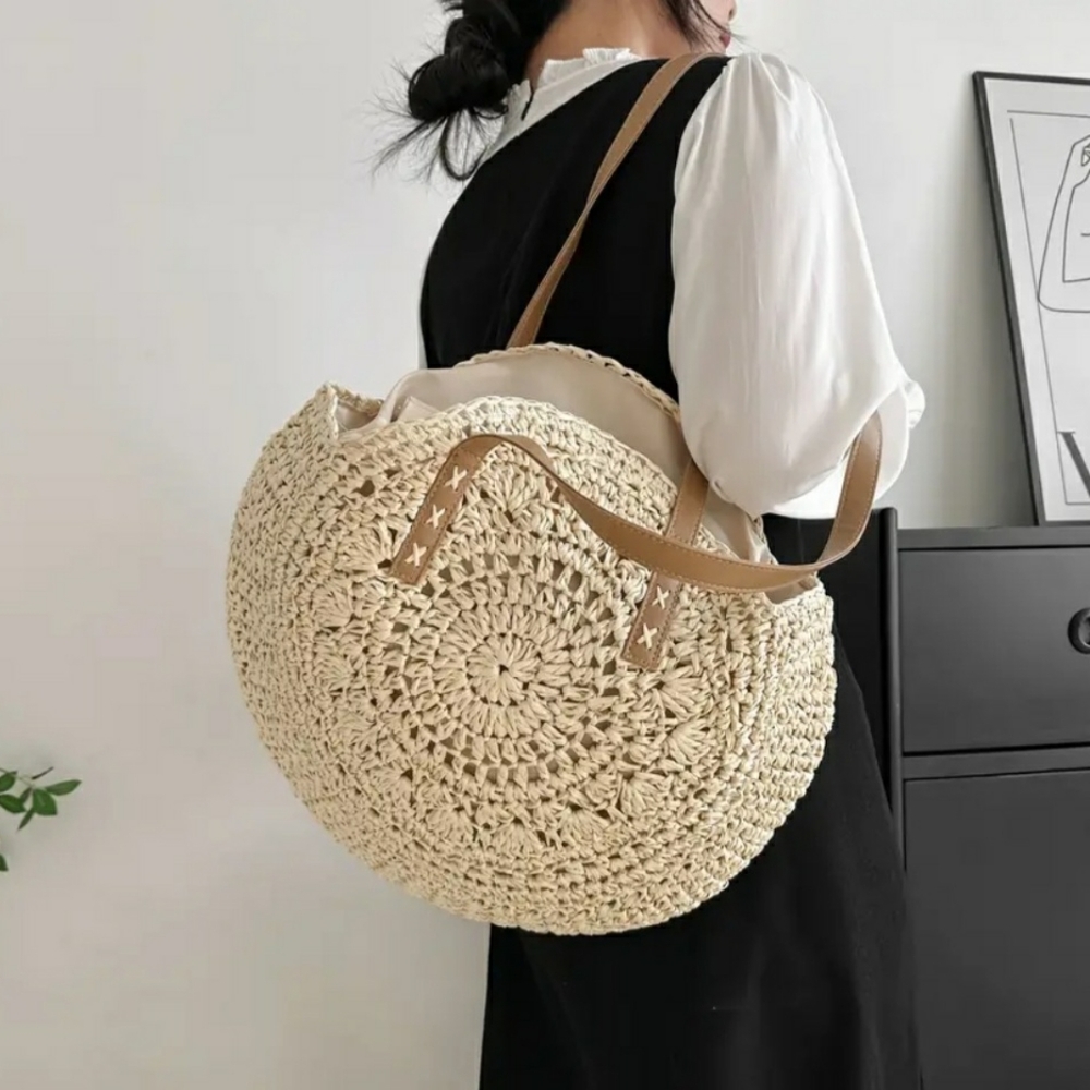 Straw Woven Tote Bag Double Handle Creamy White - Picture 2 of 9